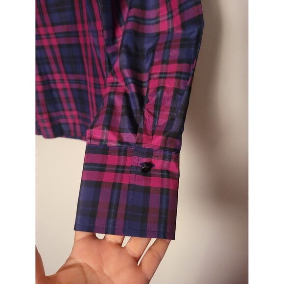 Talbots Silk Navy Pink Plaid Blouse Sz 10 Office Career Business Casual Preppy - Picture 7 of 9